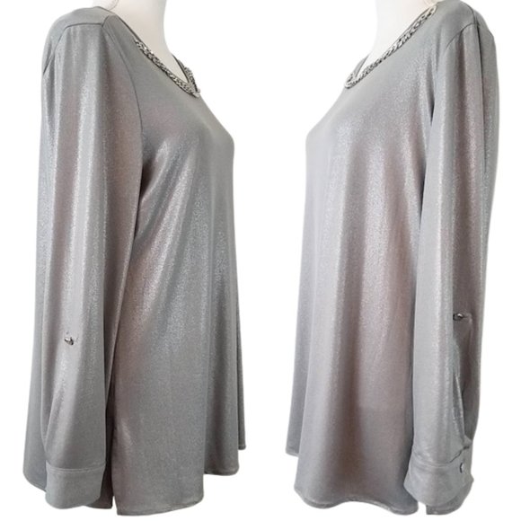 SLIM FACTOR By Investments Silver Shimmer Blouse - Women's M - Picture 3 of 8